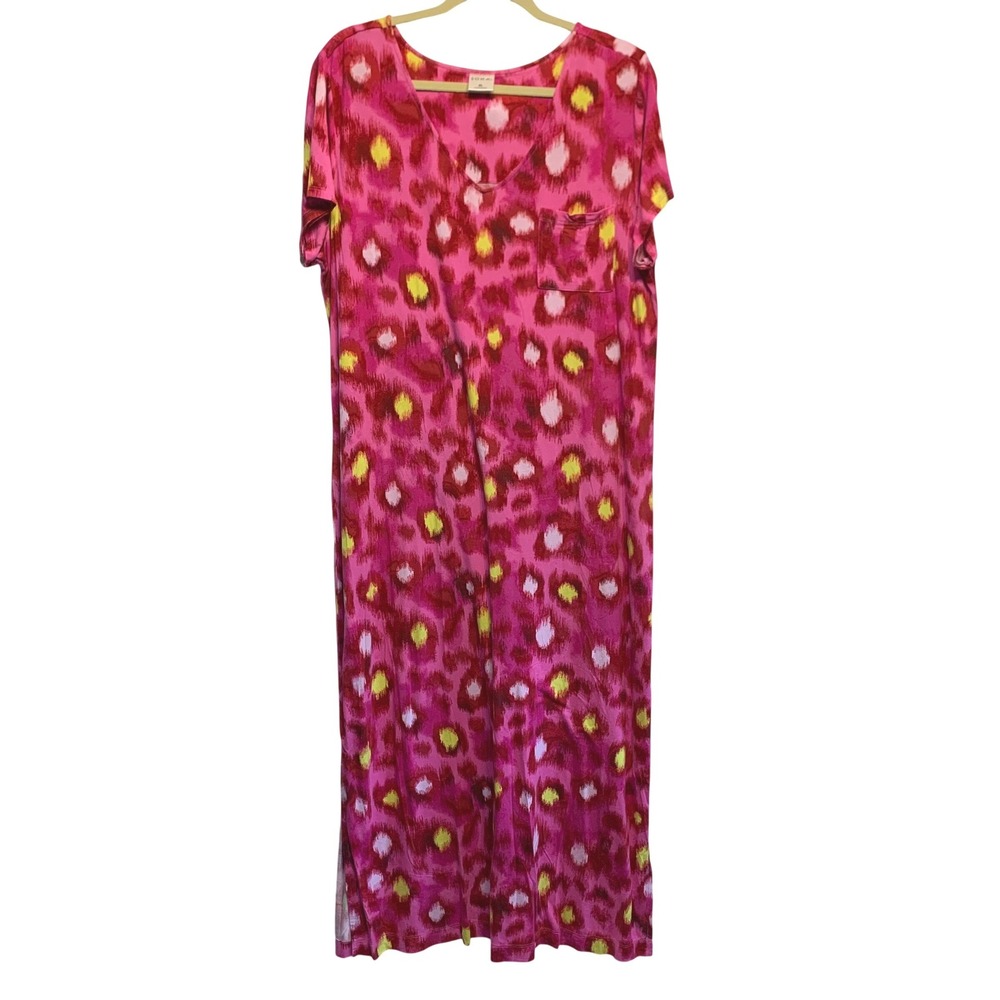 Soma Cool Nights XL Pink Leopard Ikat Print V-Neck Maxi Nightgown Comfy Sleep
